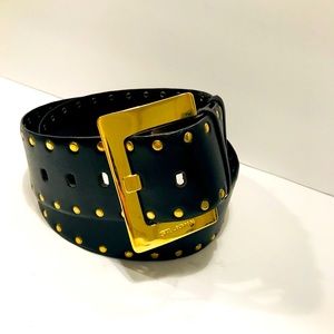 St.John Wide Dark Brown Leather Waist Belt 22 KGP Gold Buckle Studs size 34